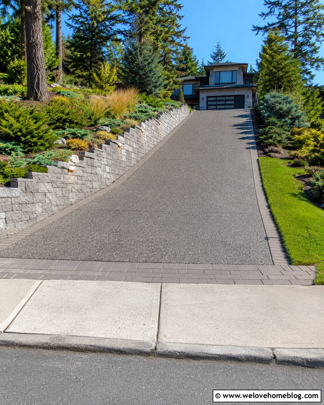 Sloped Driveway With Retaining Wall Lights - 20 Evening Driveway View Ideas