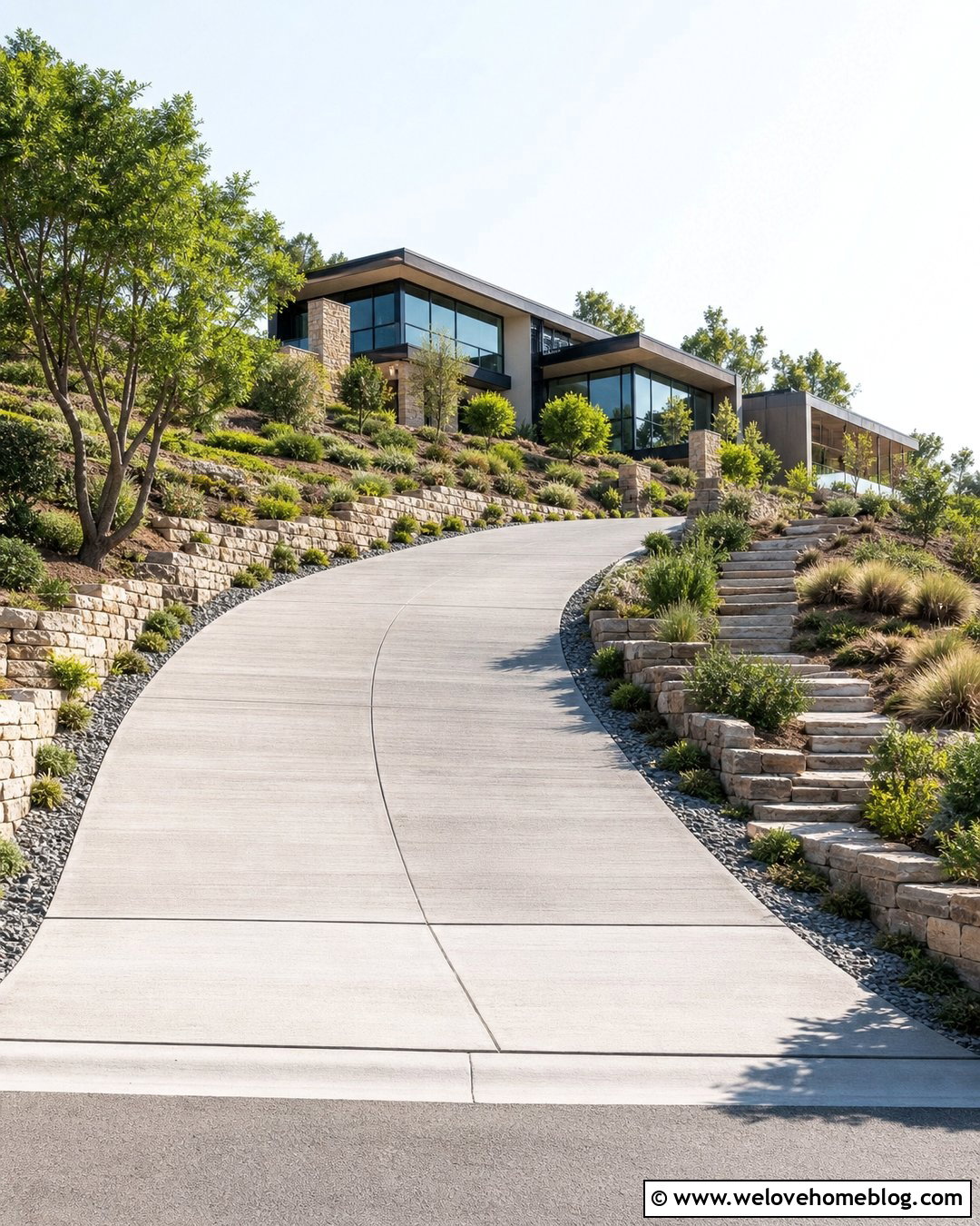 Sloped Driveway With Retaining Wall Planting - 25 front yard landscaping with driveway ideas