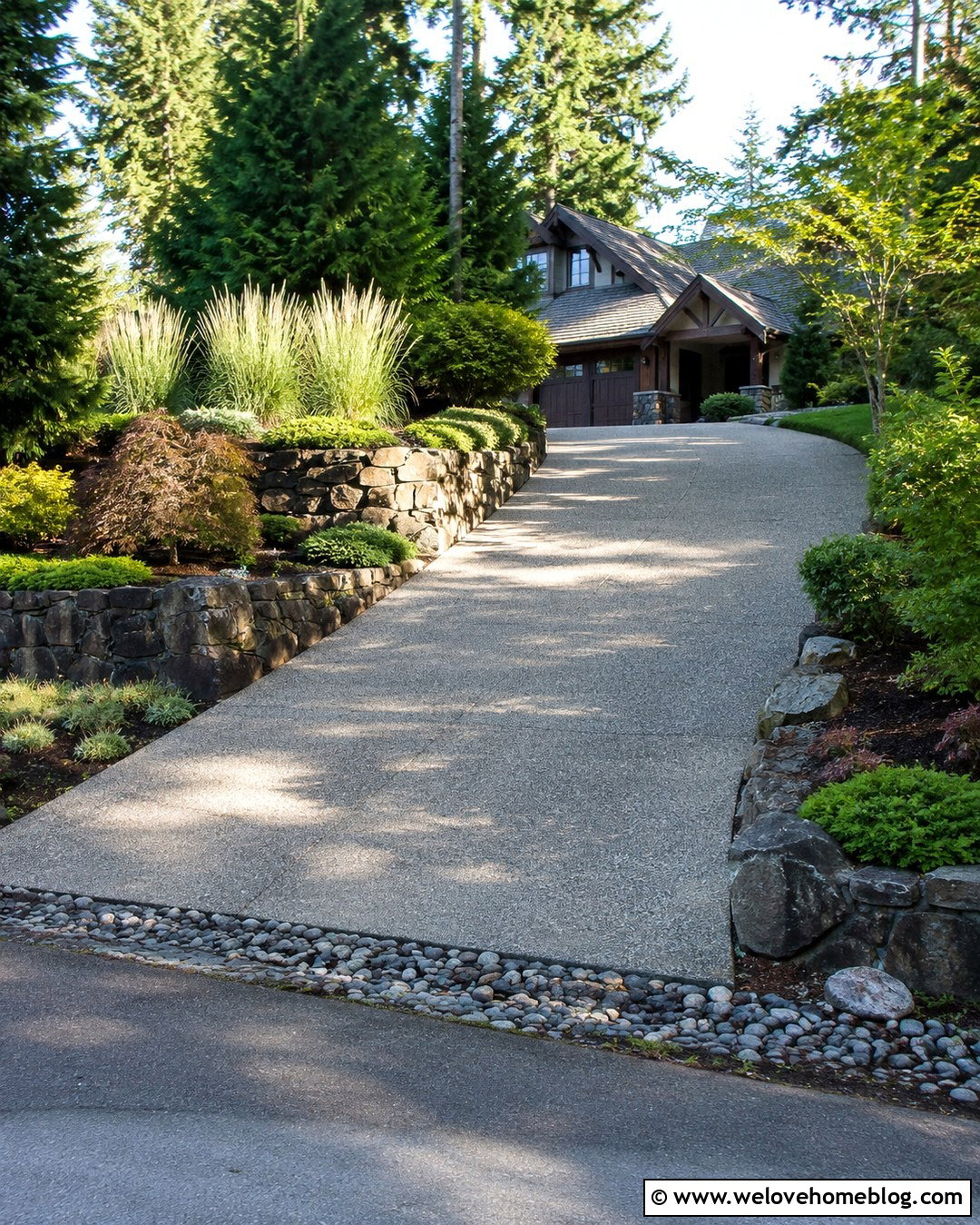 Sloped Driveway With Retaining Walls And Drainage Beds
