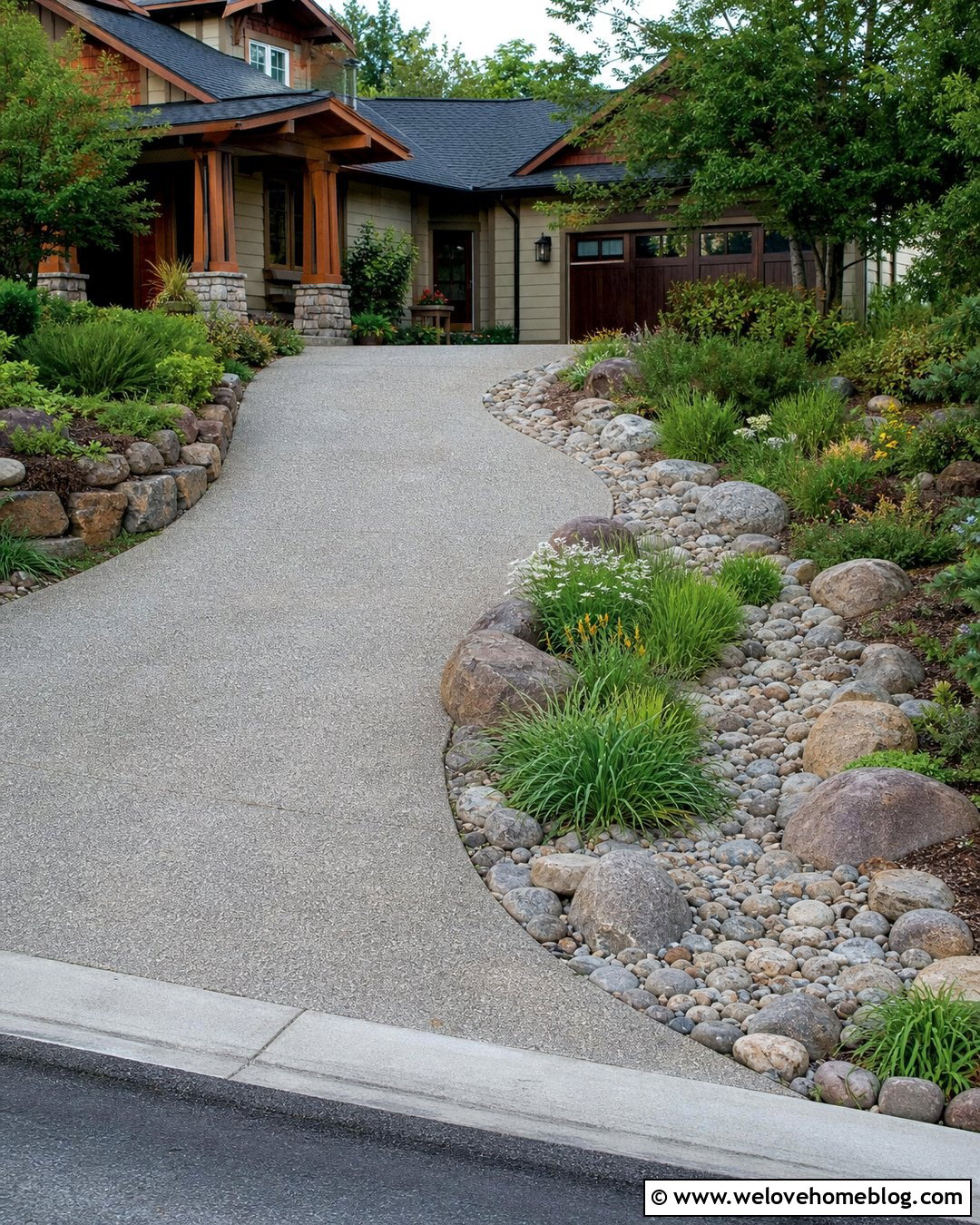 Sloped Driveway With River Rock Dry Creek - 20 river rock along driveway ideas