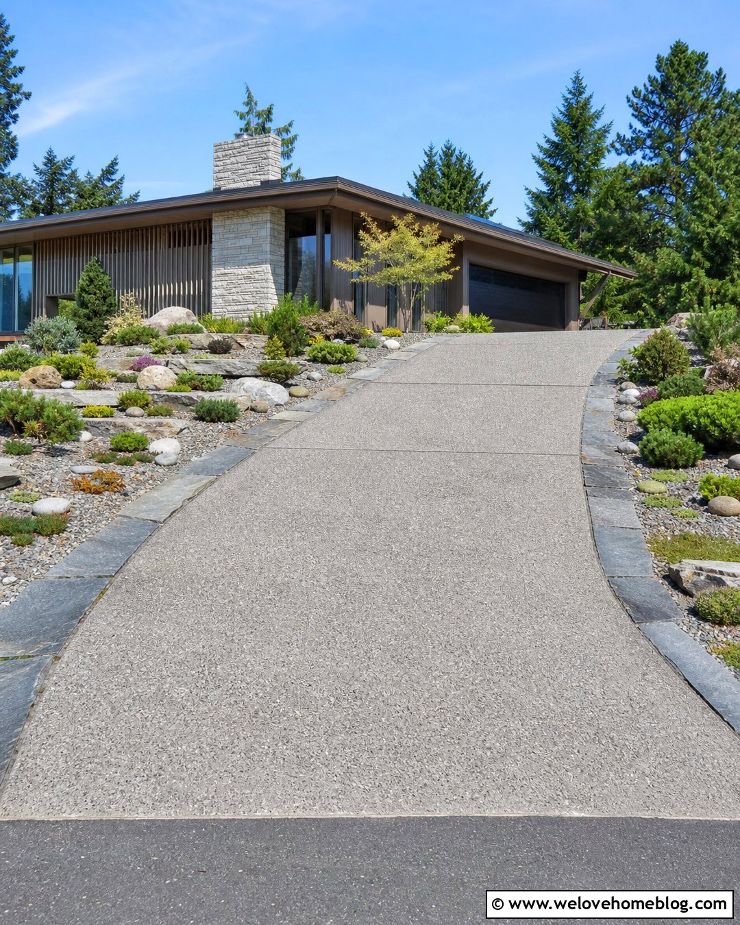 Sloped Driveway With Rock Garden Beds