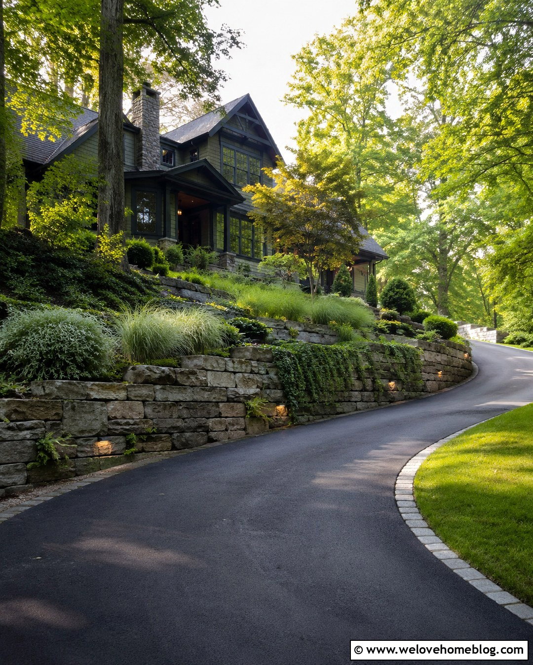 Sloped Driveway With Stone Retaining Wall - 20 next to driveway landscaping ideas