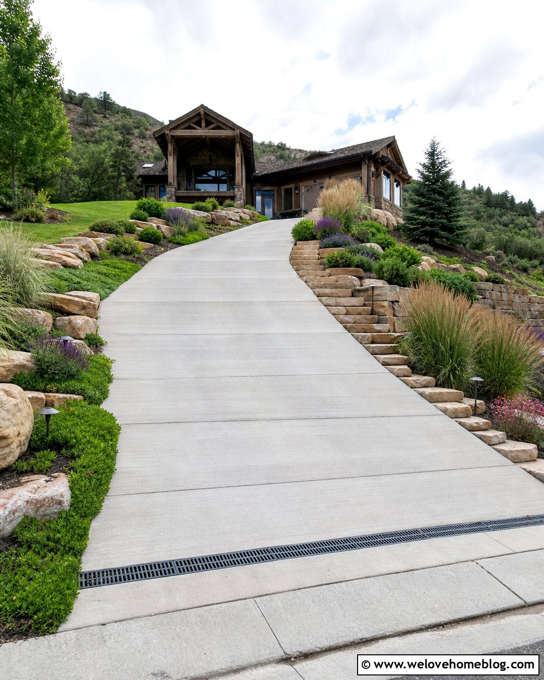 Sloped Driveway With Stone Retaining Walls - 25 landscaping around driveway ideas