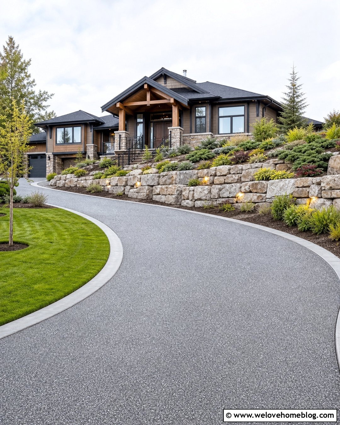 Sloped Driveway With Stone Retaining Walls - 20 large driveway design ideas
