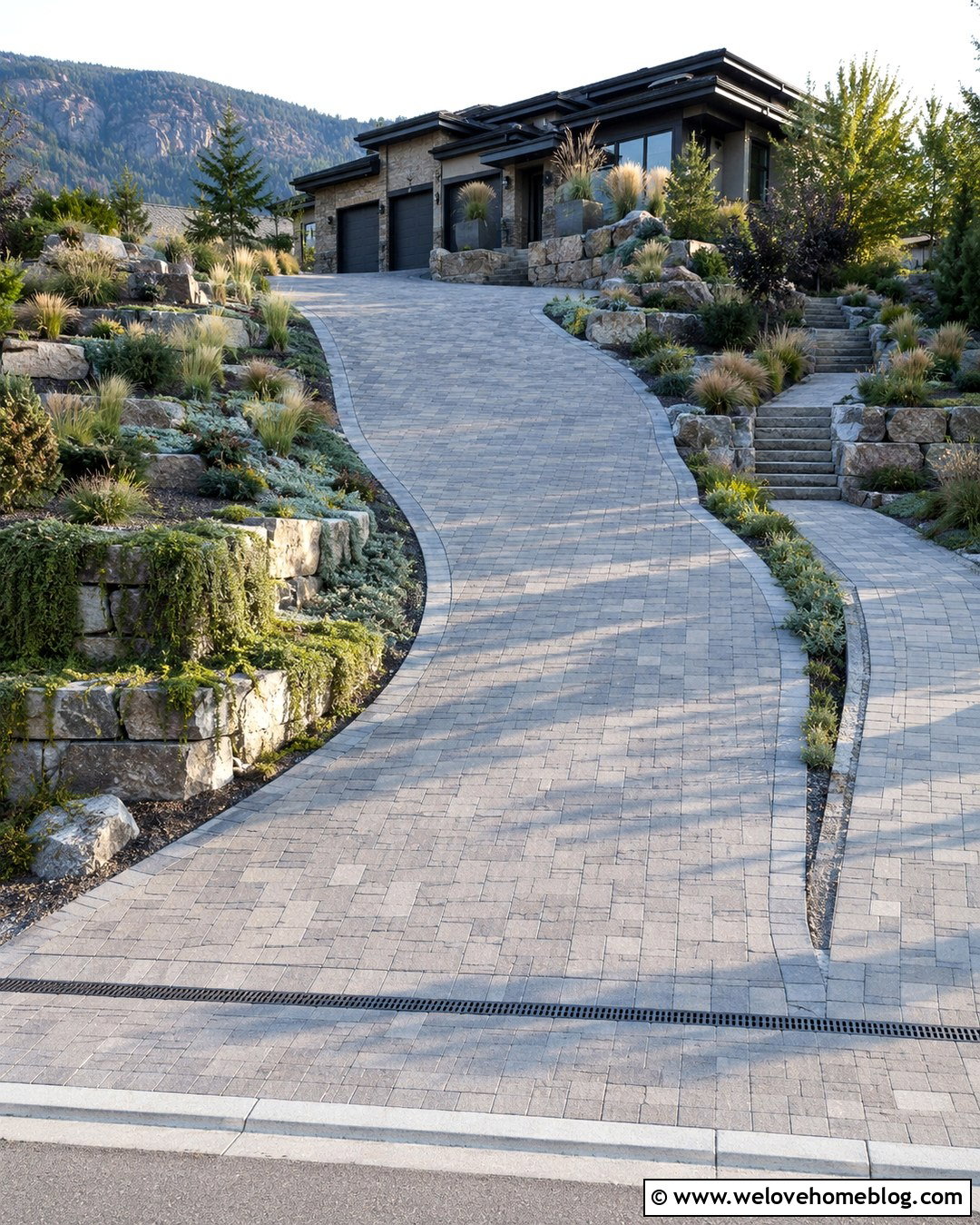 Sloped Driveway With Stone Retaining Walls - 20 Large Front Driveway Ideas