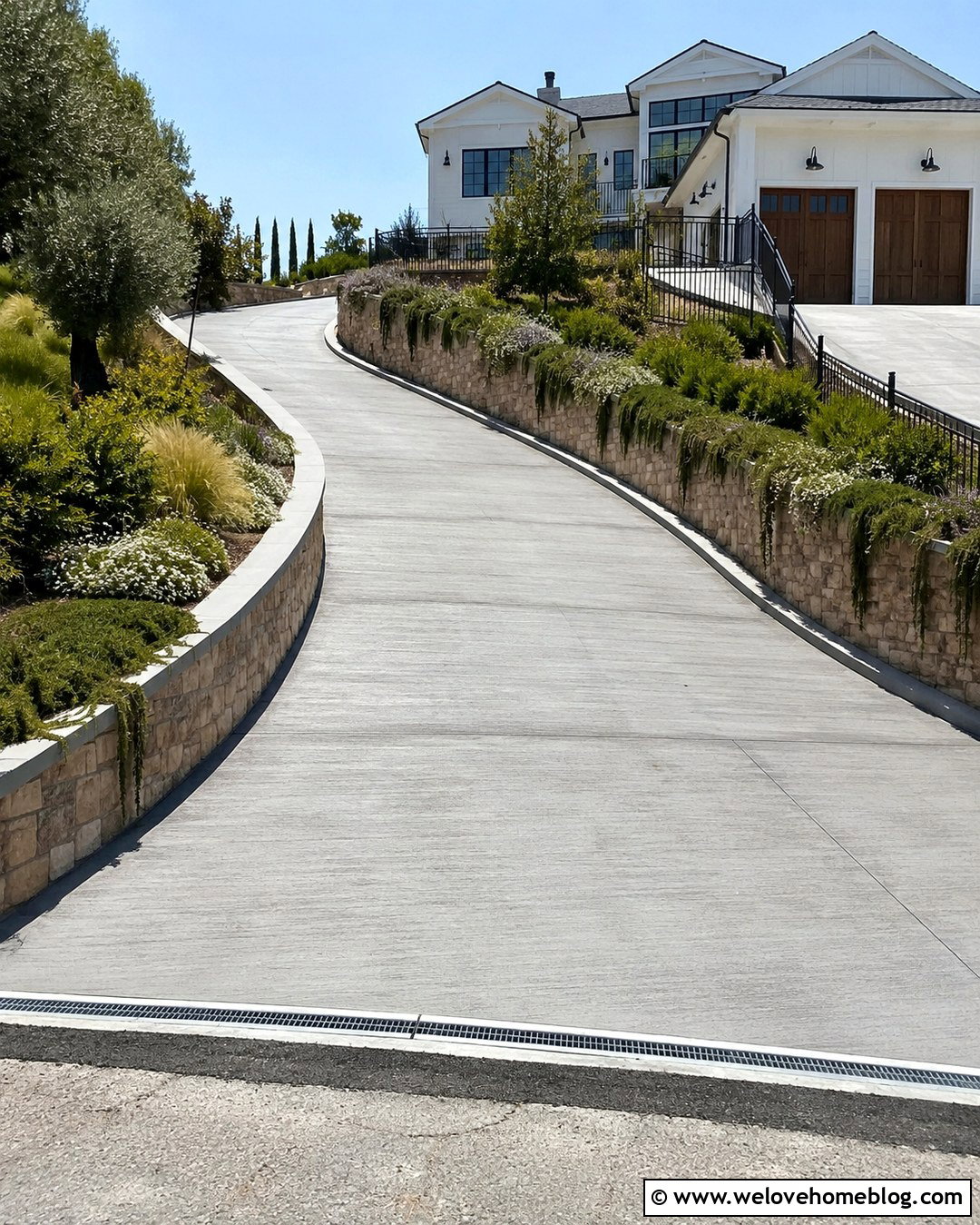 Sloped Driveway With Stone Retaining Walls - 20 White House Driveway Ideas