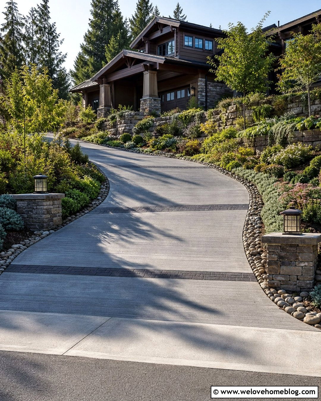 Sloped Driveway With Stone Retaining Walls - 25 Driveway Inspiration Ideas