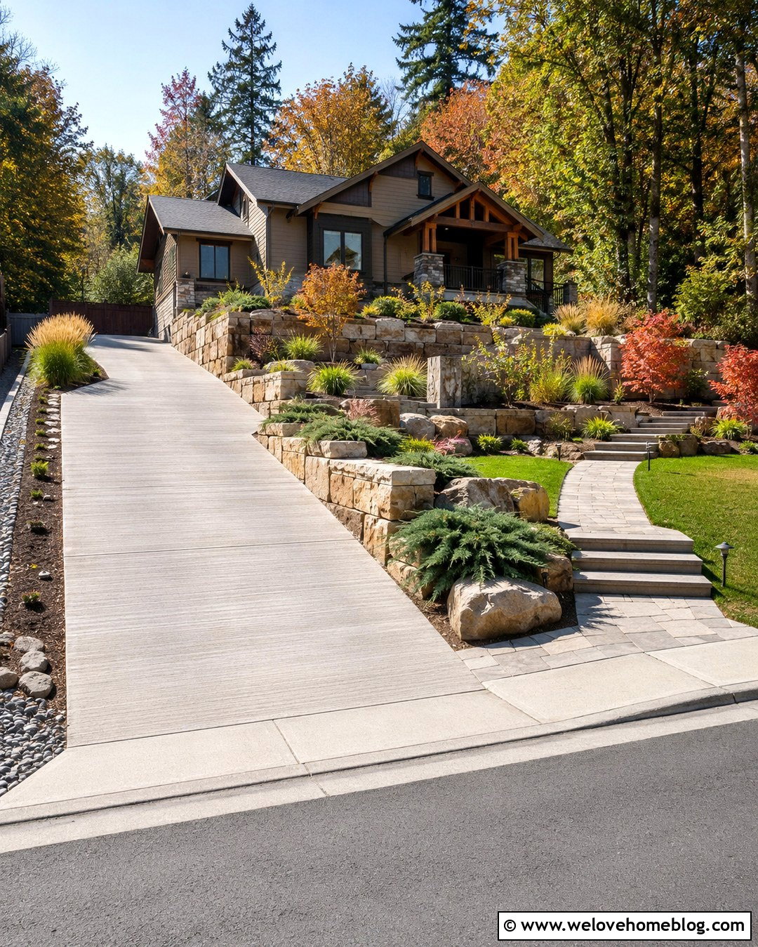Sloped Driveway With Stone Retaining Walls - 20 autumn driveway landscaping ideas