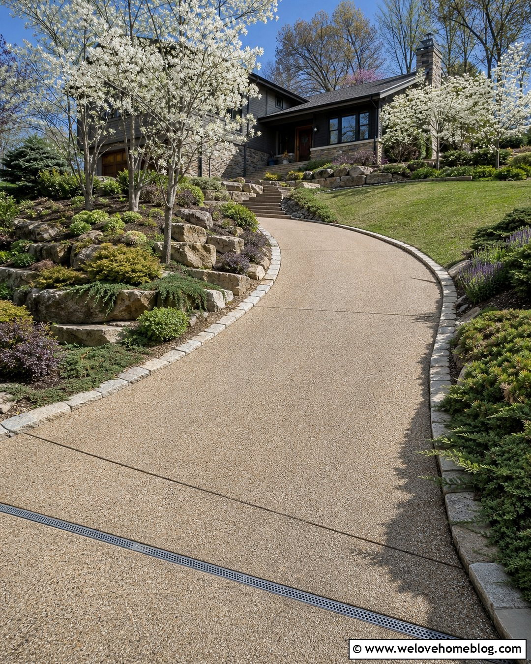 Sloped Driveway With Terraced Dogwood Beds - 20 Dogwood Lined Driveway Ideas