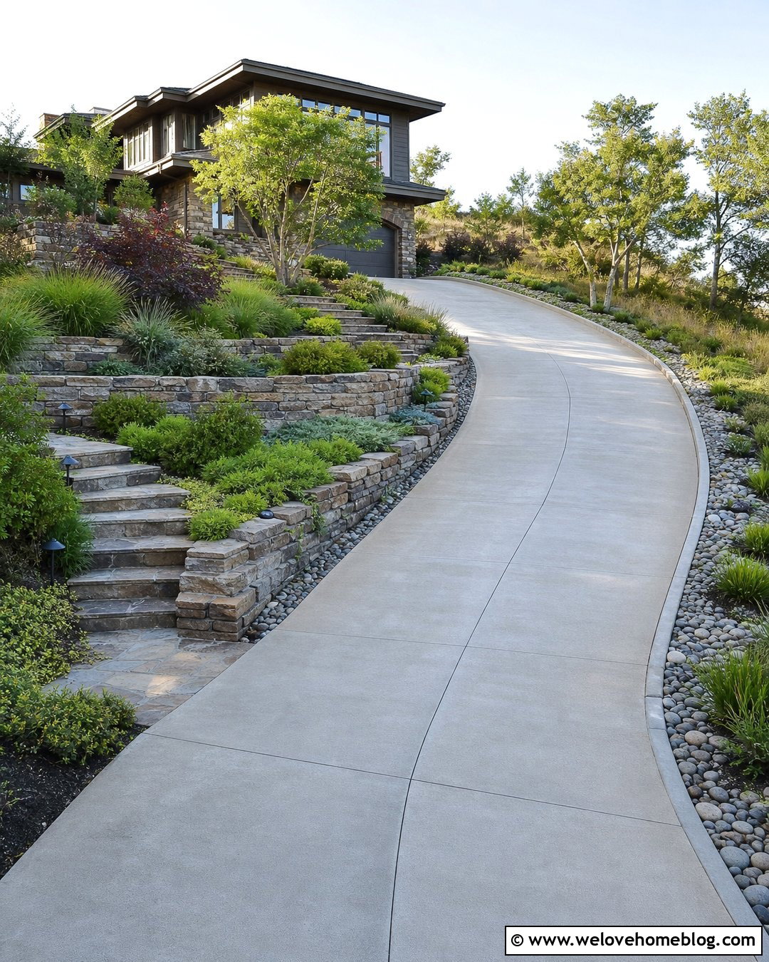 Sloped Driveway With Terraced Planting Beds - 40 landscaping along driveway ideas