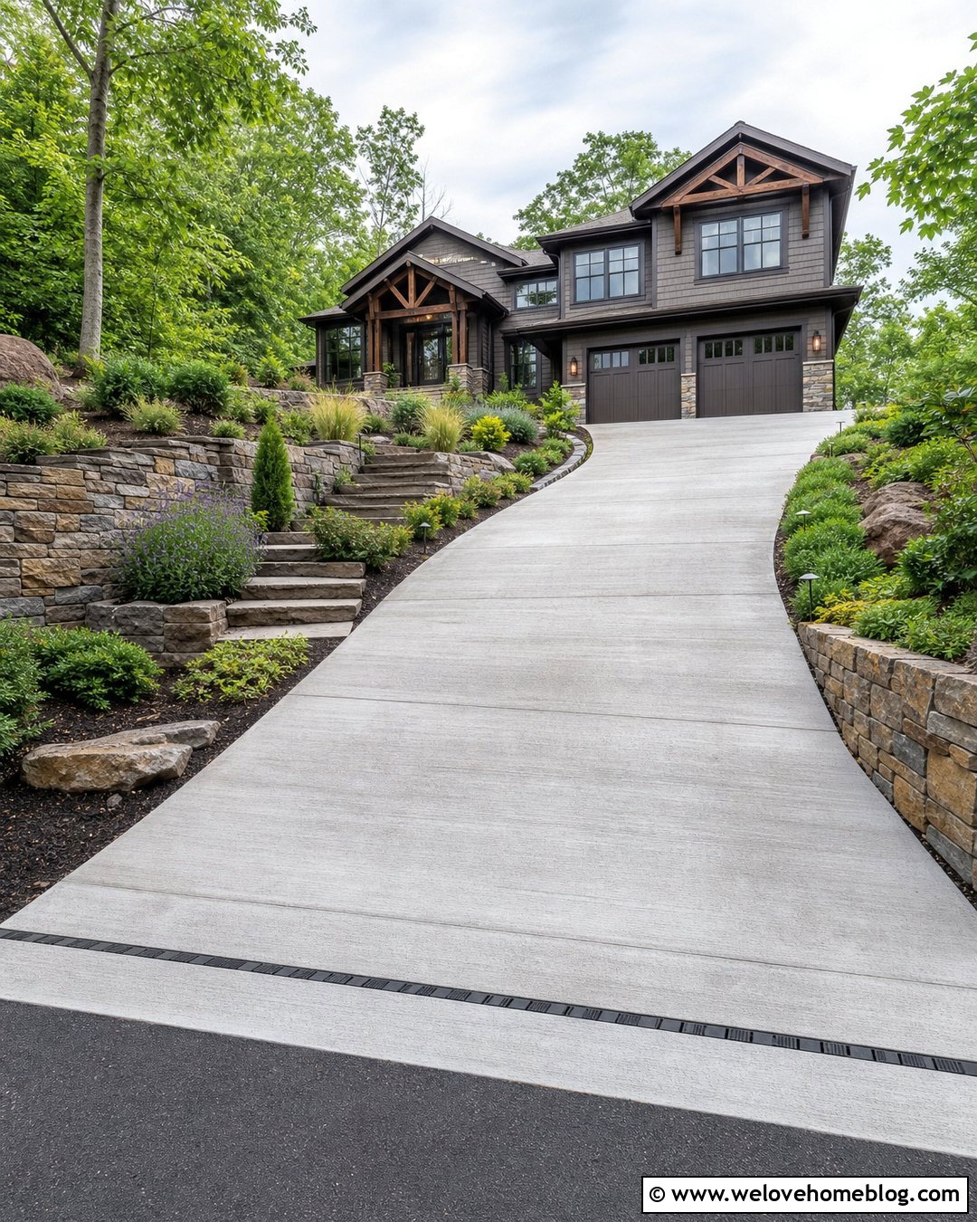 Sloped Driveway With Terraced Planting Beds - 20 along the driveway landscaping ideas