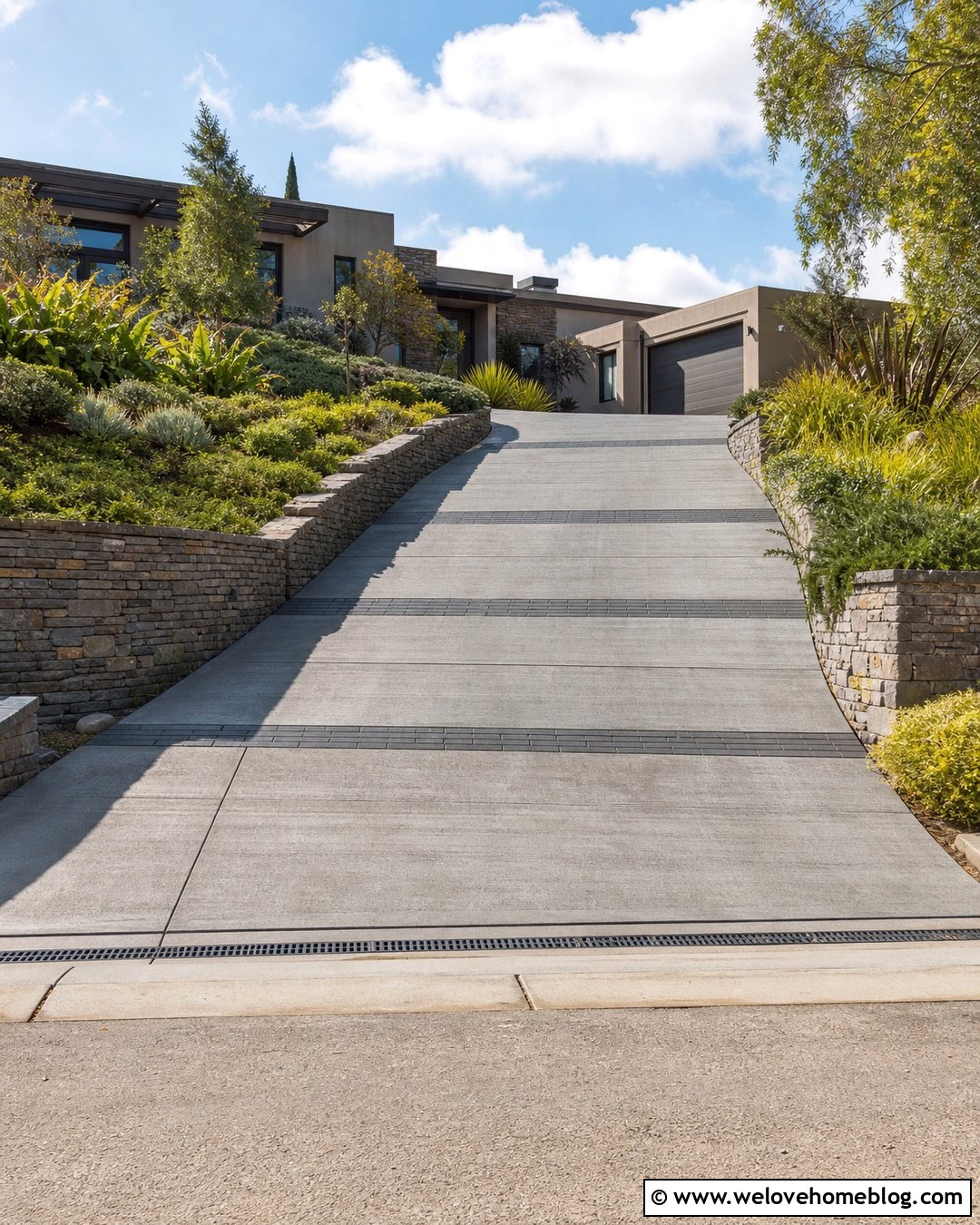 Sloped Driveway With Textured Concrete - 35 House Driveway Ideas