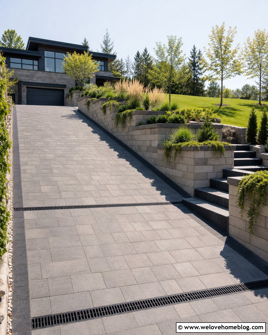 Sloped Driveway With Tiered Planters - 30 driveway planter ideas