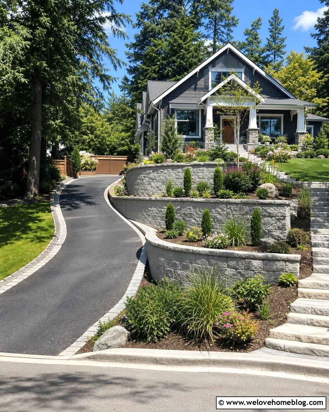 Sloped Driveway With Tiered Retaining Walls - 35 Sloped Driveway Landscaping Ideas