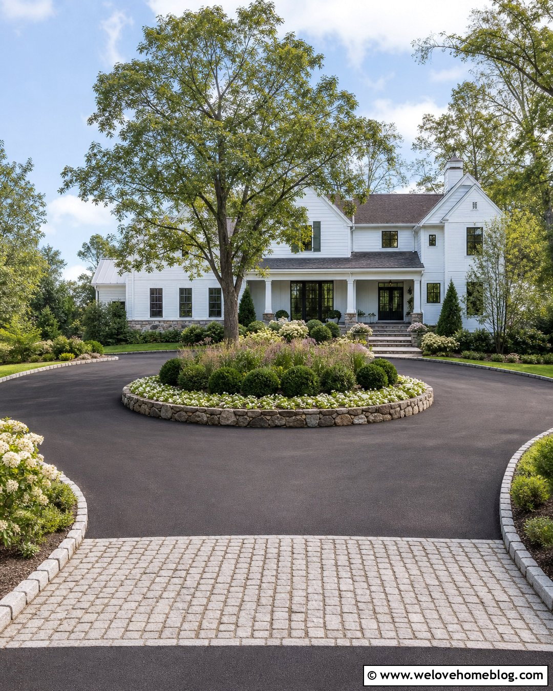 Sloped Driveway With a Circular Planting Island - 35 Sloped Driveway Landscaping Ideas