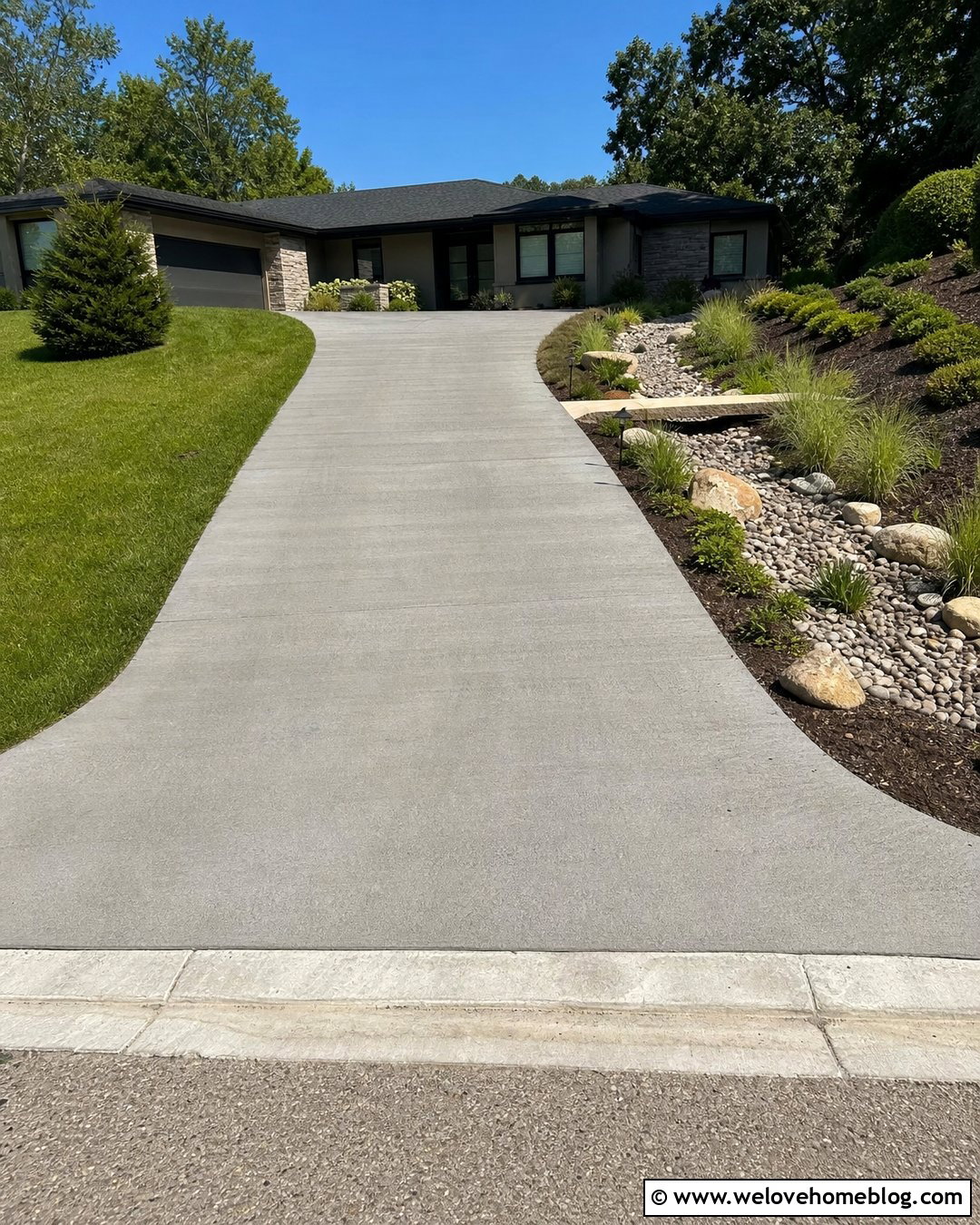 Sloped Driveway With a Dry Creek Bed - 35 Sloped Driveway Landscaping Ideas