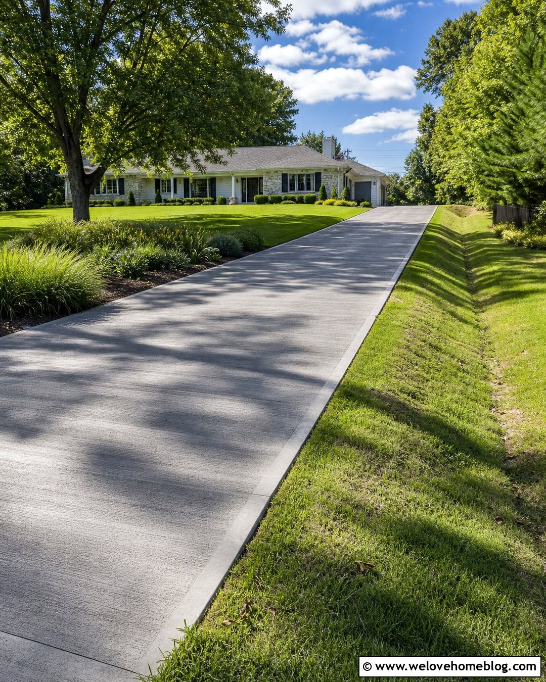 Sloped Driveway With a Grass Swale - 35 Sloped Driveway Landscaping Ideas