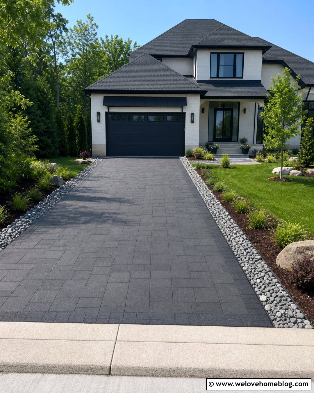 Sloped Driveway With a Gravel Drainage Border - 35 Sloped Driveway Landscaping Ideas