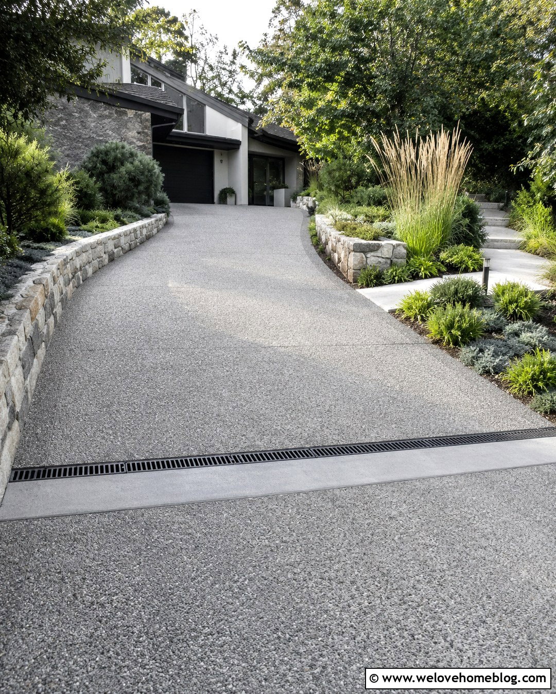 Sloped Exposed Aggregate Driveway With Drainage Channel - 20 Exposed Aggregate Driveway Ideas