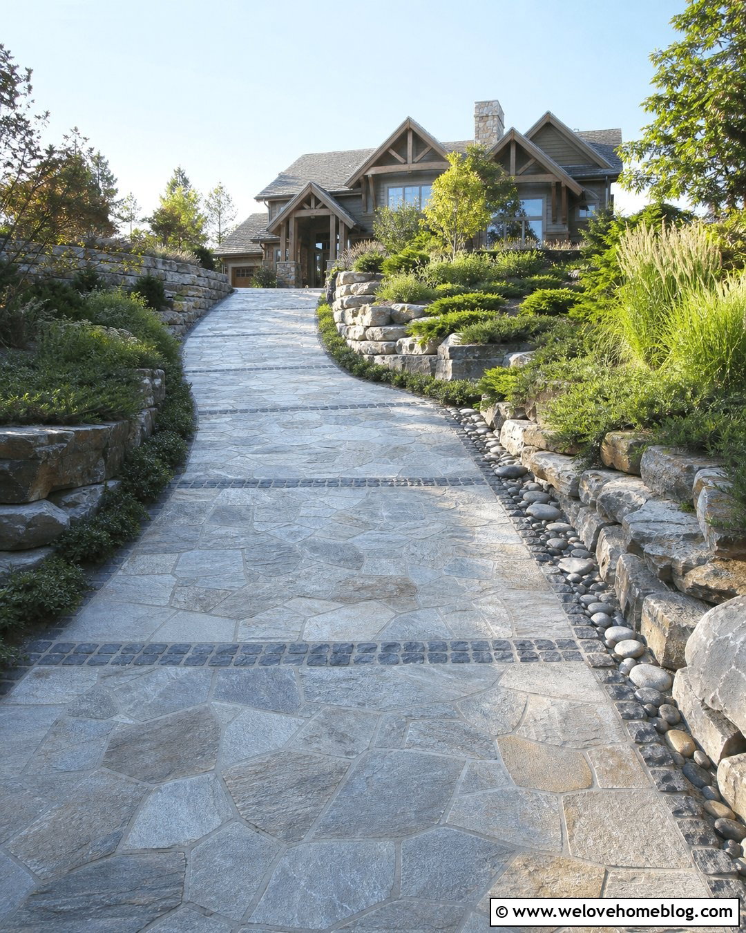 Sloped Flagstone Driveway With Retaining Walls - 20 natural flagstone driveway ideas
