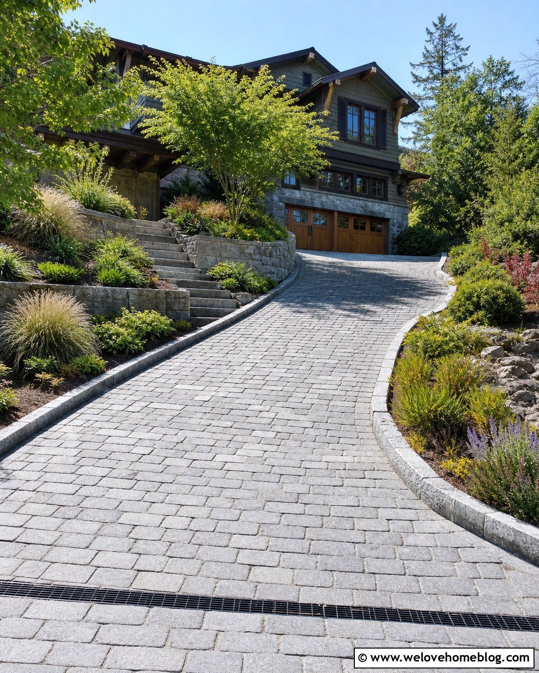Sloped Granite Cobblestone Driveway With Drainage Channel - 25 Granite Cobblestone Driveway Ideas