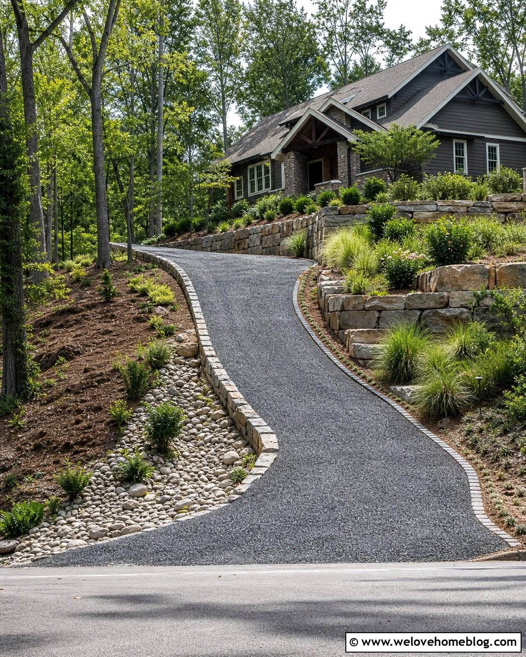 Sloped Gravel Driveway With A Retaining Wall - 25 Driveway Gravel Ideas