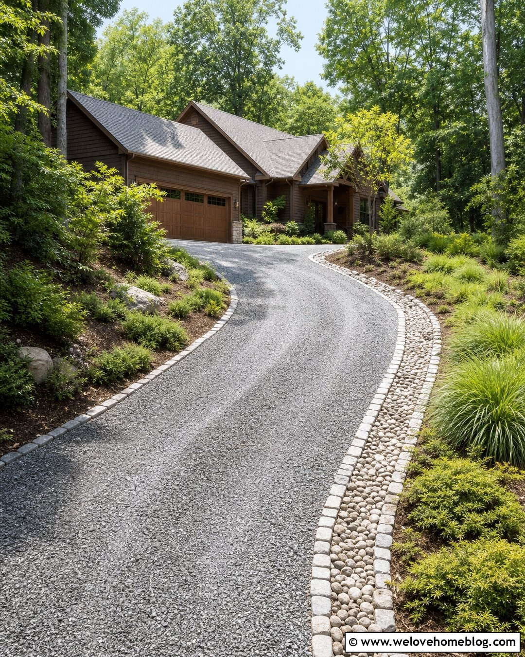 Sloped Gravel Driveway With Cobblestone Drainage Border - 20 Cobblestone And Gravel Driveway Ideas