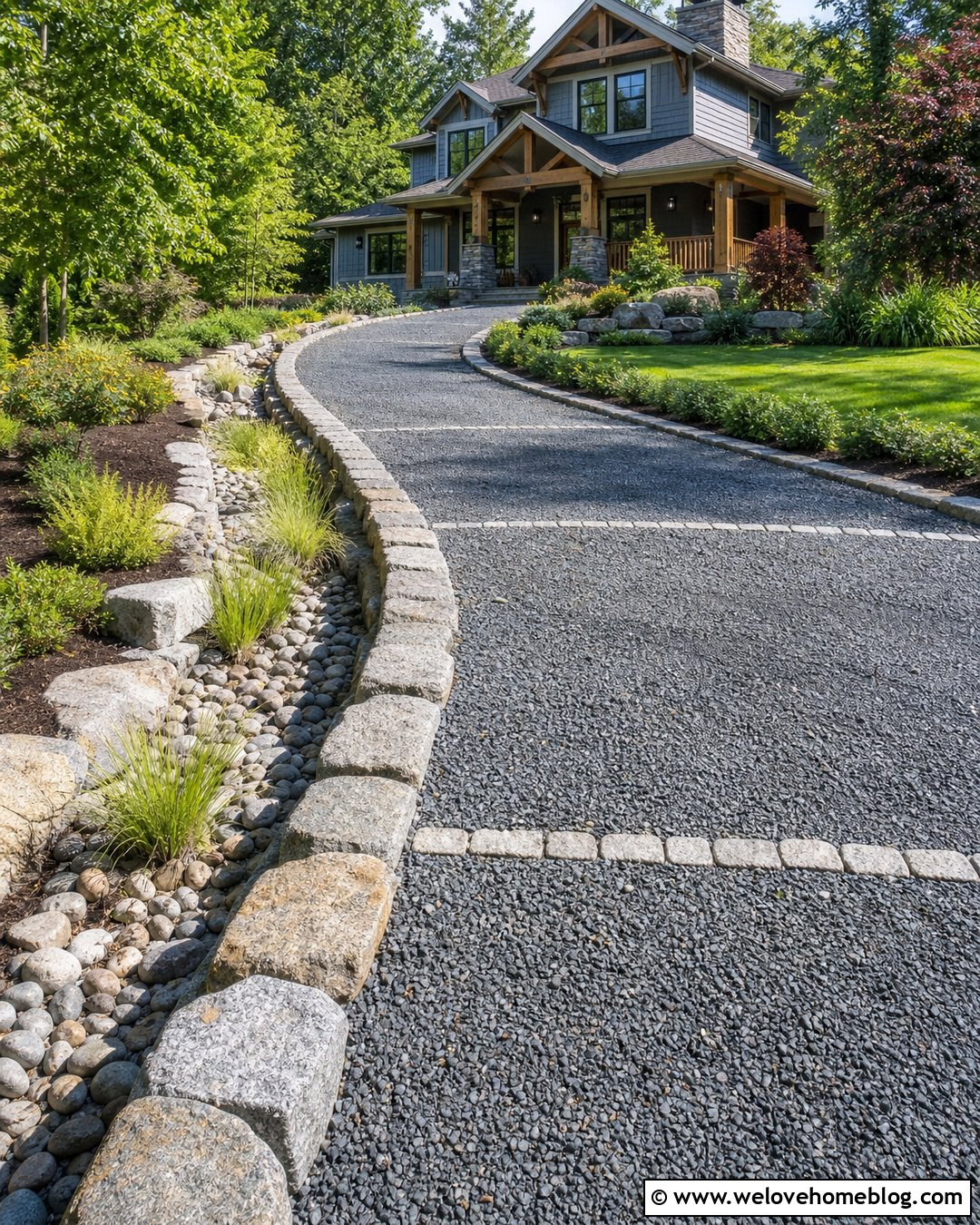 Sloped Gravel Driveway With Cobblestone Retaining Edge - 20 Cobble And Gravel Driveway Ideas