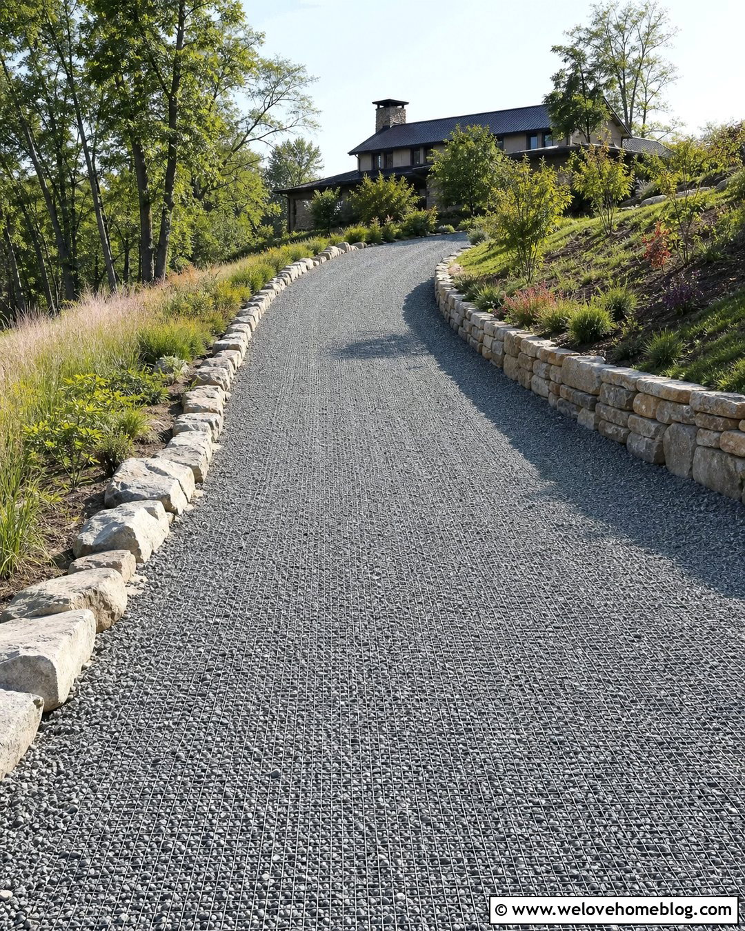 Sloped Gravel Driveway With Gravel Stabilization Grids - 20 Farmhouse Gravel Driveway Ideas