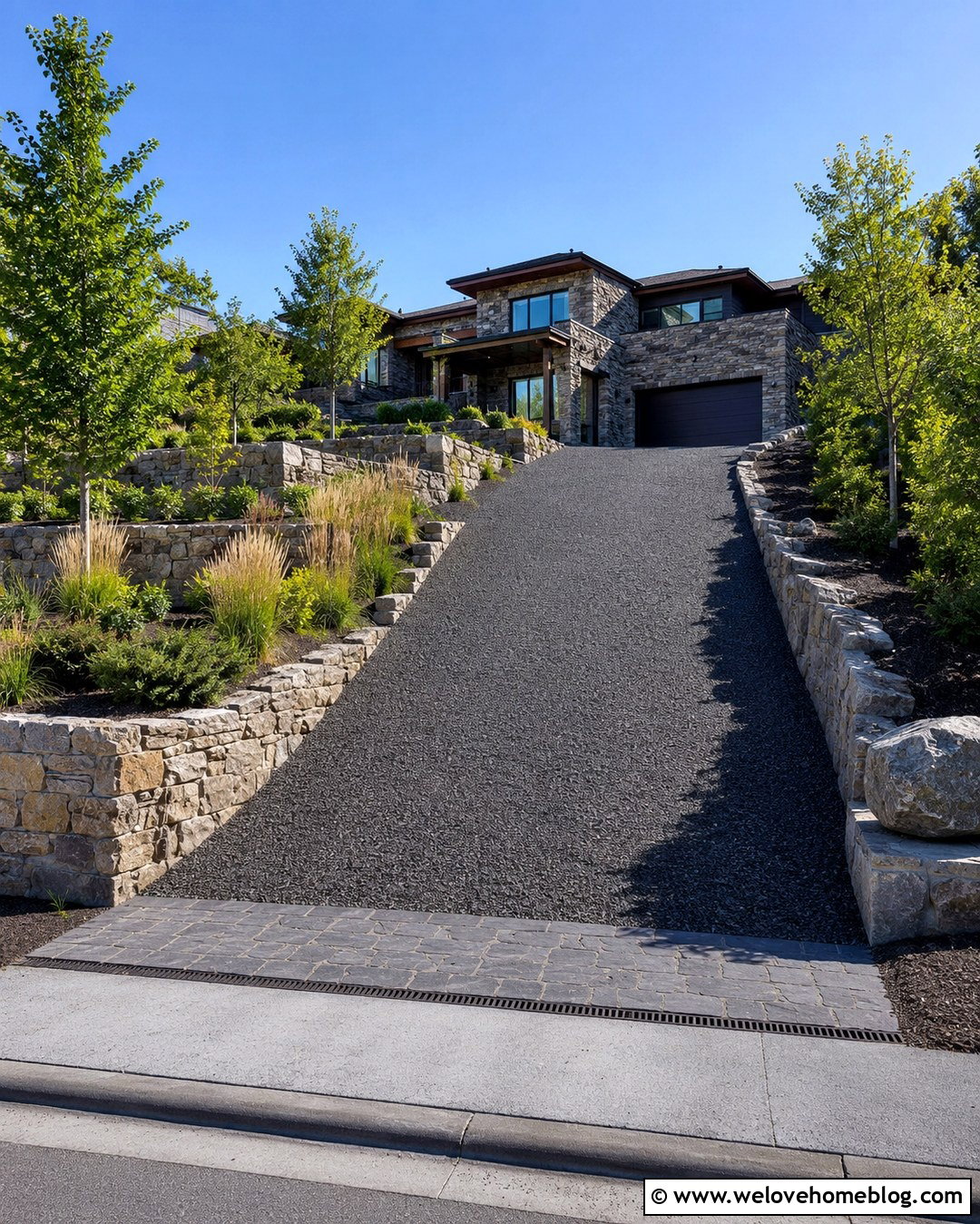 Sloped Gravel Driveway With Retaining Walls