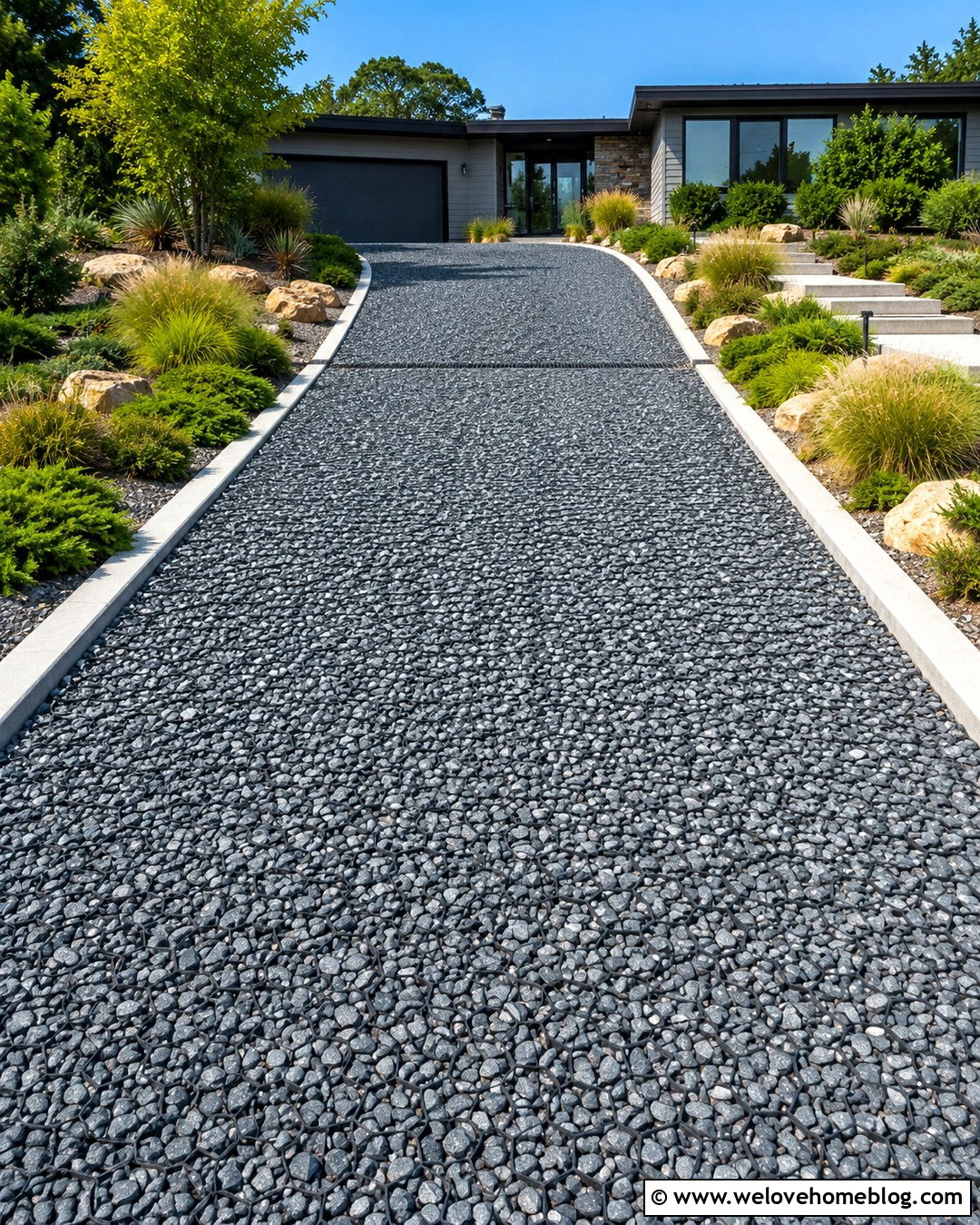 Sloped Gravel Grid Driveway With Concrete Curbs - 20 Driveway Gravel Grid Installation Ideas