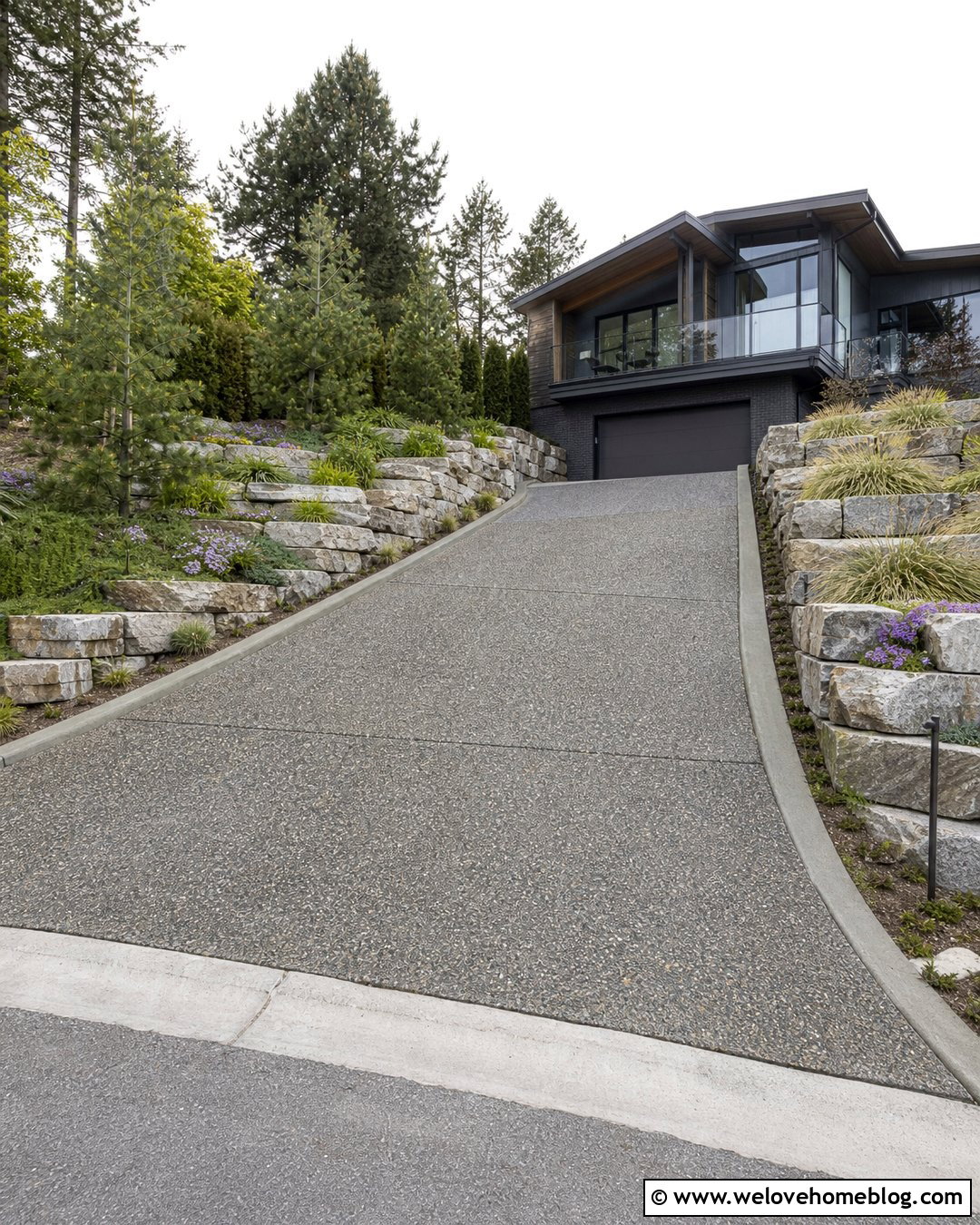 Sloped Grey Exposed Aggregate Driveway With Retaining Walls - 20 Grey Exposed Aggregate Driveway Ideas