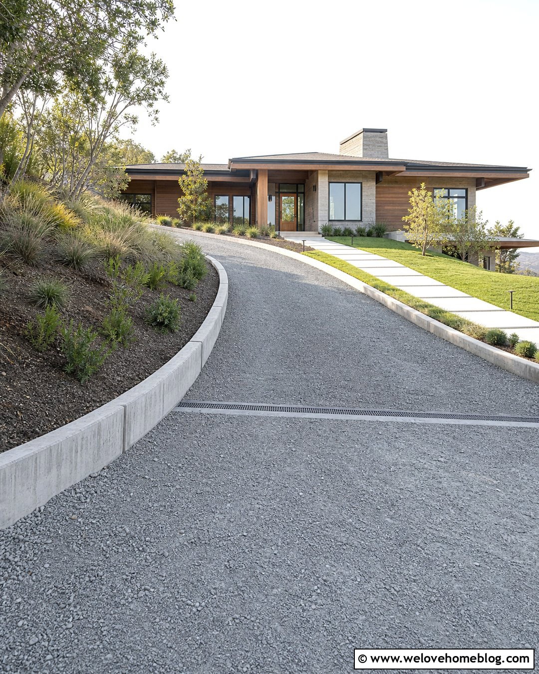 Sloped Limestone Driveway With Curbs - 25 Limestone Driveway Ideas