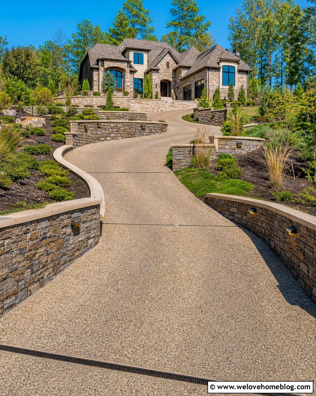 Sloped Mansion Driveway With Retaining Walls - 20 Big Mansion Driveway Ideas