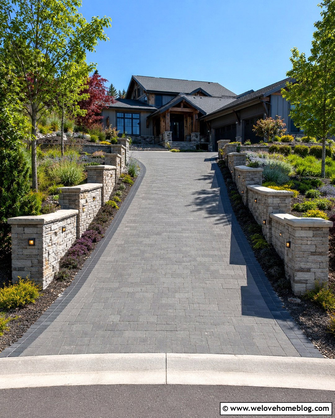 Sloped Paver Driveway Entrance With Retaining Walls - 20 Paved Driveway Entrance Ideas