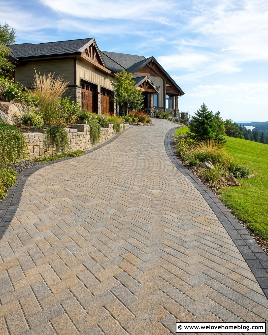 Sloped Paver Driveway With Retaining Wall - 20 Paver Driveway Design Ideas
