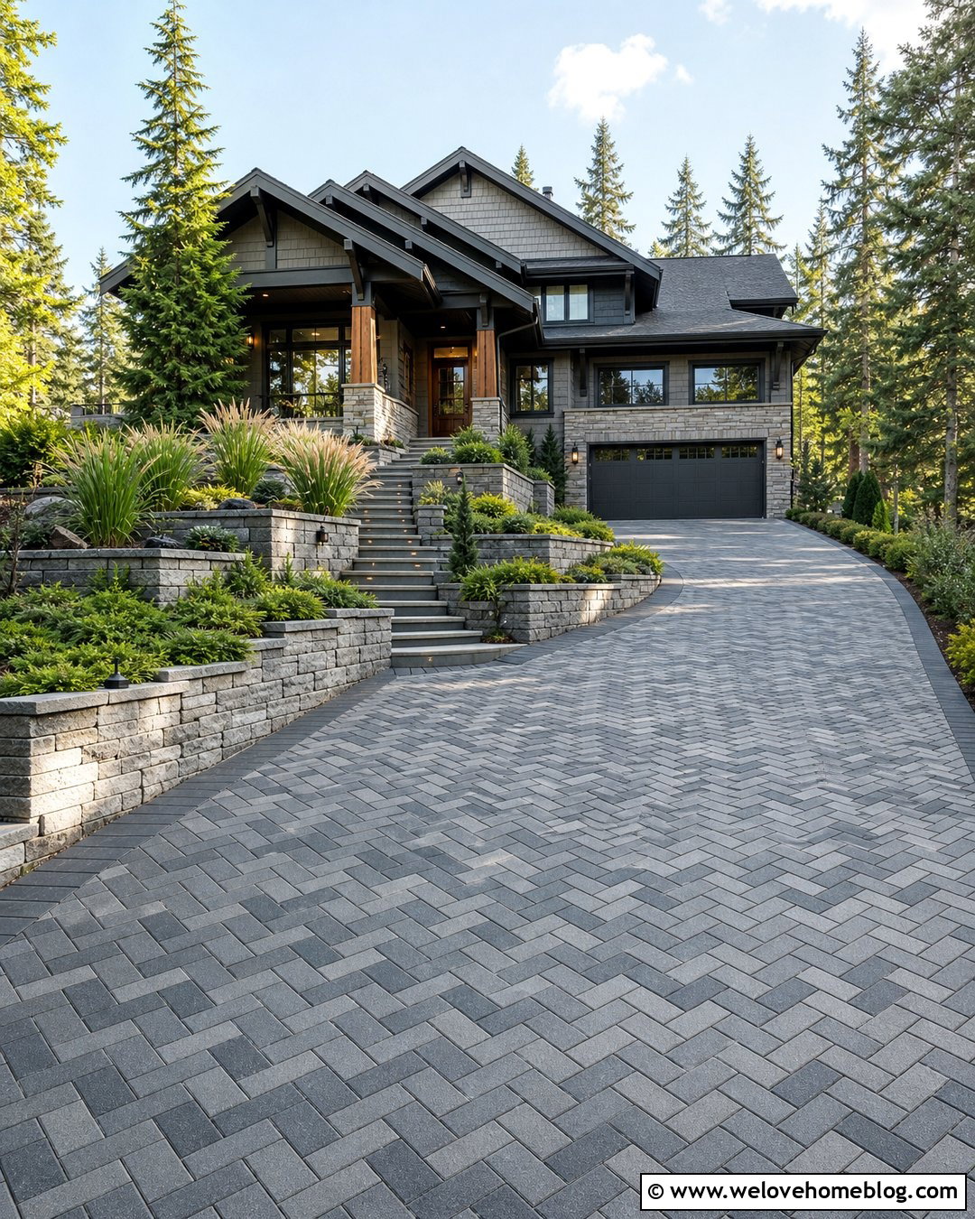 Sloped Paver Driveway With Retaining Walls - 35 Paver Driveway Ideas
