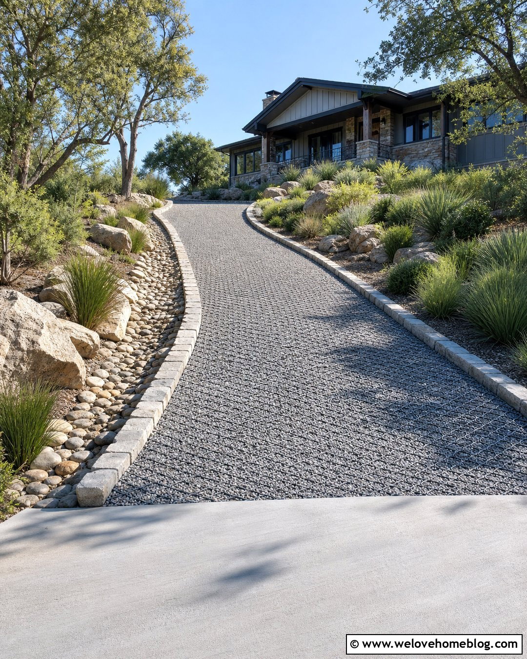 Sloped Pebble Driveway With Drainage Swale - 20 pebble rock driveway ideas