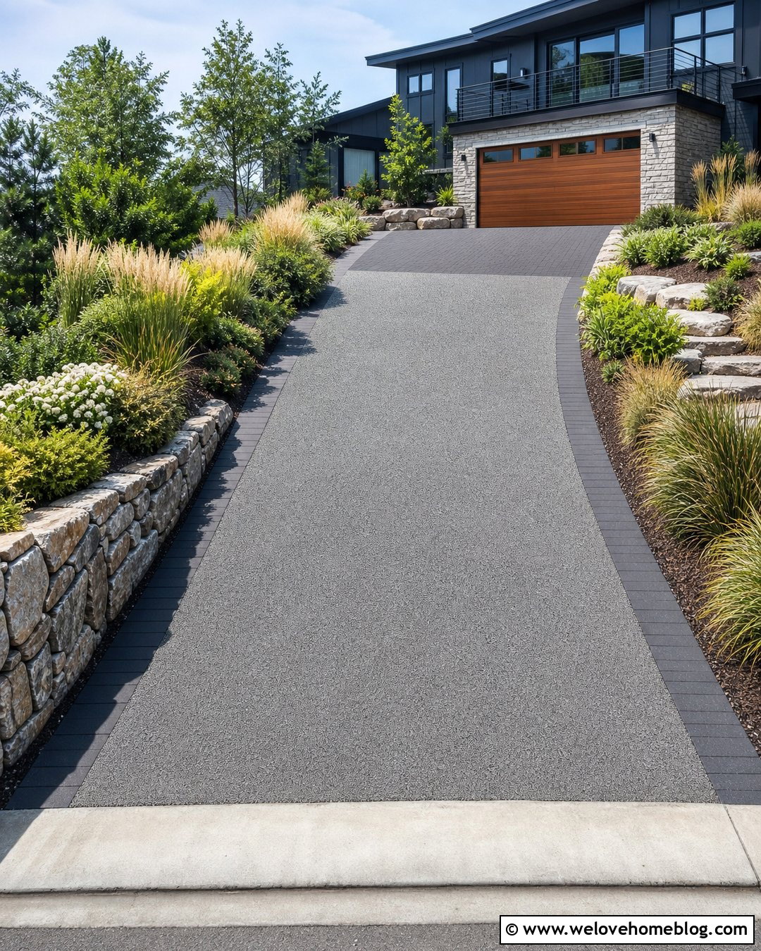 Sloped Permeable Concrete Driveway With Terraced Landscaping - 20 Permeable Concrete Driveway Ideas