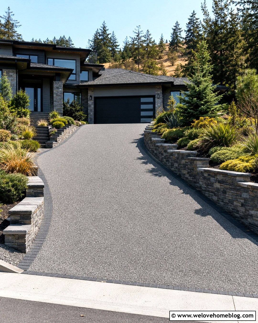 Sloped Resin Gravel Driveway With Retaining Walls - 20 Resin Gravel Driveway Ideas