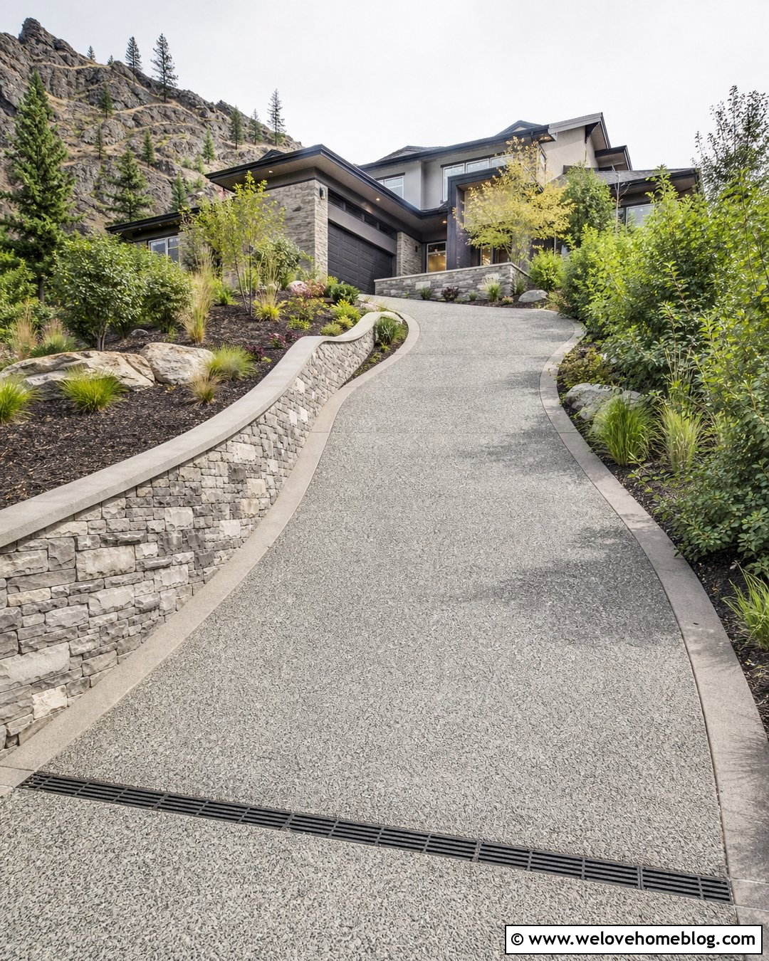 Sloped River Rock Concrete Driveway With Retaining Wall - 20 river rock concrete driveway ideas