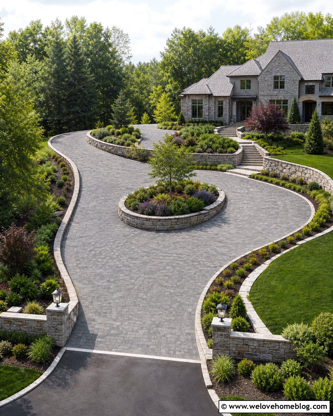 Sloped Roundabout Driveway With Retaining Walls - 35 Roundabout Driveway Ideas