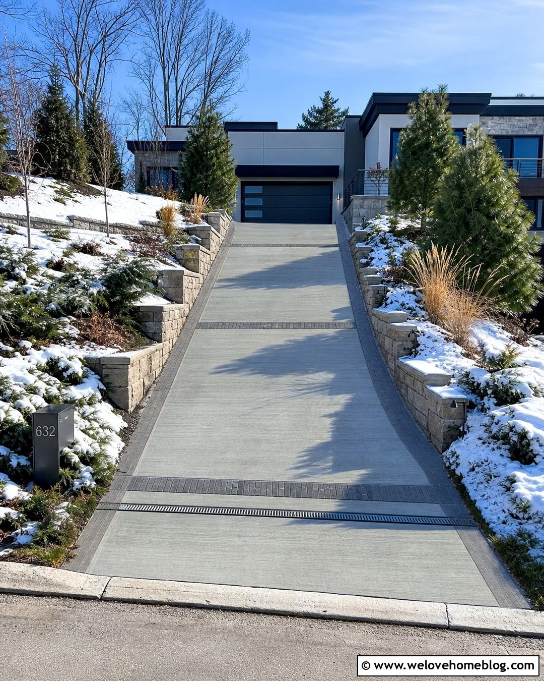 Sloped Snowy Driveway With Textured Concrete - 20 Snowy Driveway Ideas