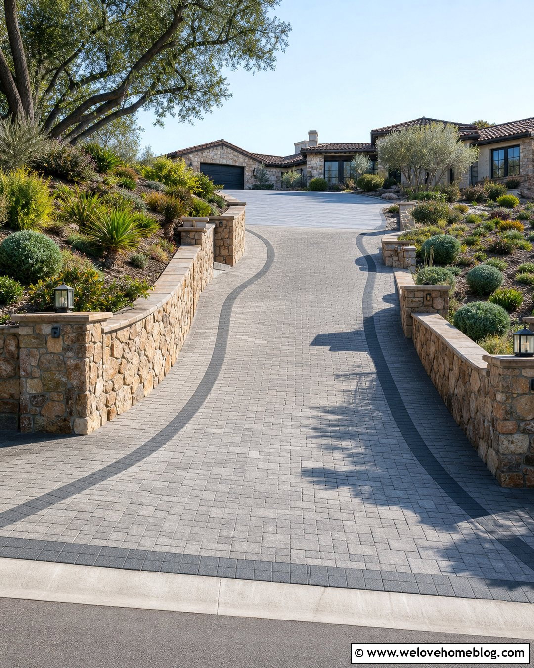 Sloped Villa Driveway With Retaining Walls - 25 Villa Driveway Ideas