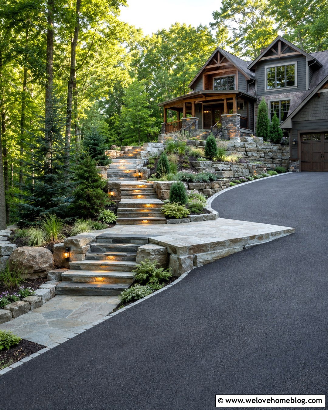 Sloped Walkway With Stone Steps - 20 Pathway From Driveway To Front Door Ideas