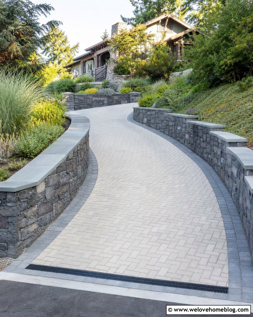 Sloped White Brick Driveway With Stone Retaining Walls - 20 White Brick Driveway Ideas