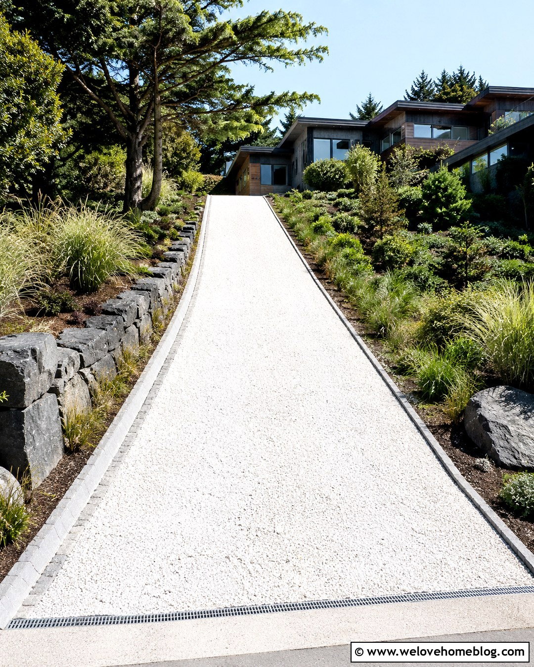 Sloped White Pebble Driveway With Retaining Walls - 20 White Pebble Driveway Ideas