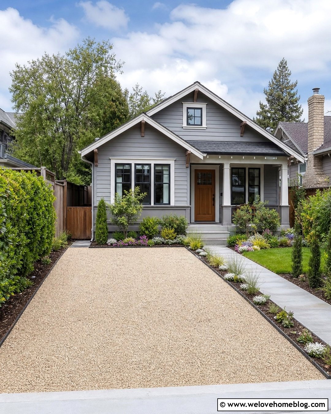 Small Beige Gravel Driveway With Low Planting - 20 Beige Gravel Driveway Ideas