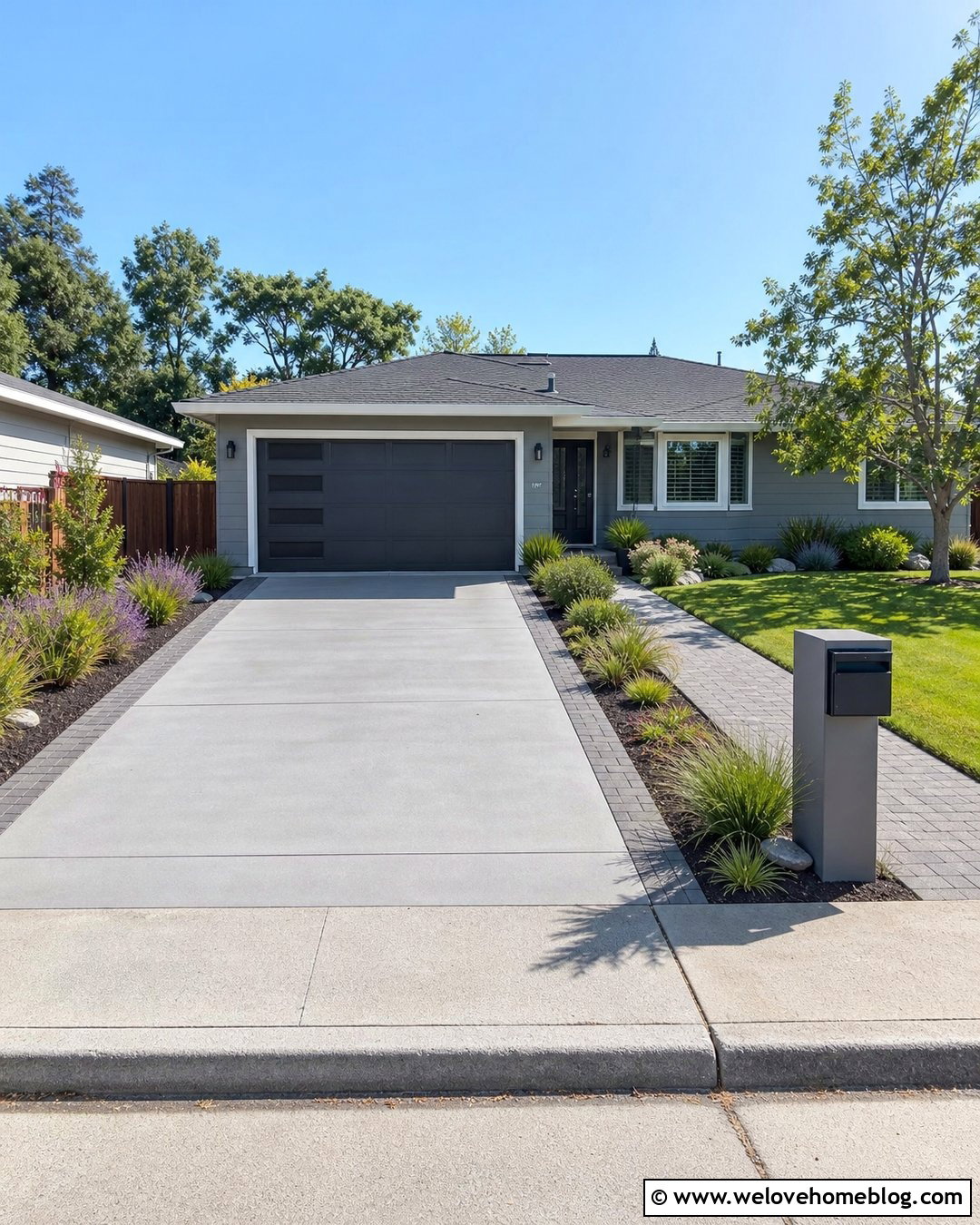 Small Concrete Driveway Entrance With Low Beds - 40 Driveway Entrance Curb Appeal Ideas
