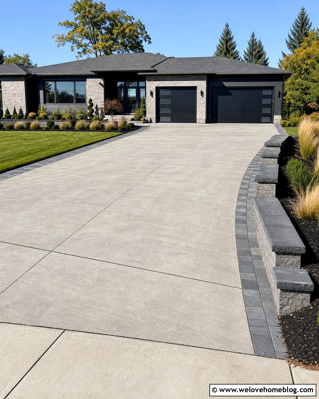 Small Driveway Retaining Wall With Gray Concrete Blocks